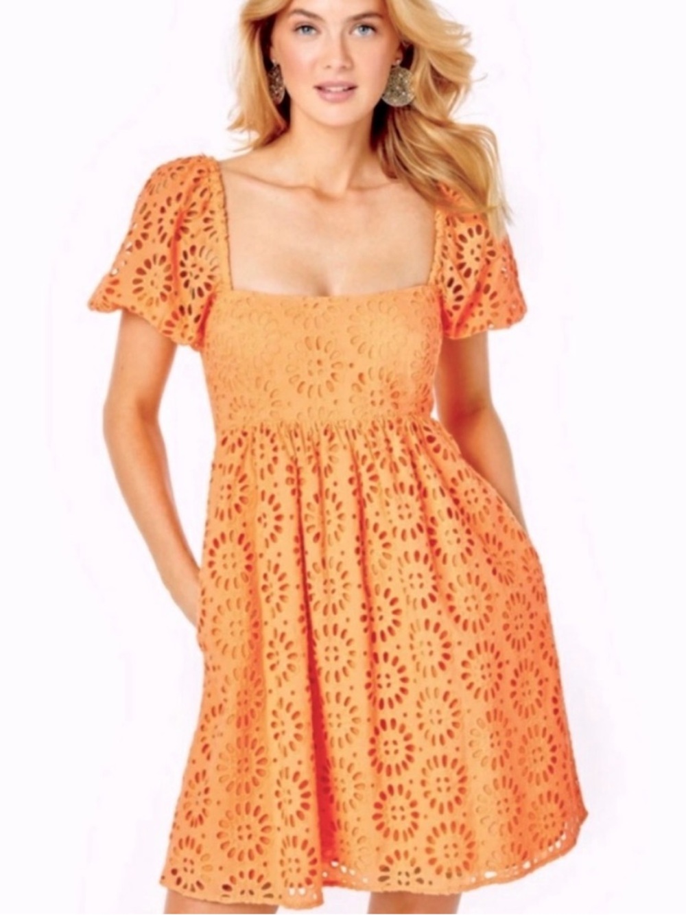 Lilly Pulitzer Orange Eyelet Square-Neck Mini Dress